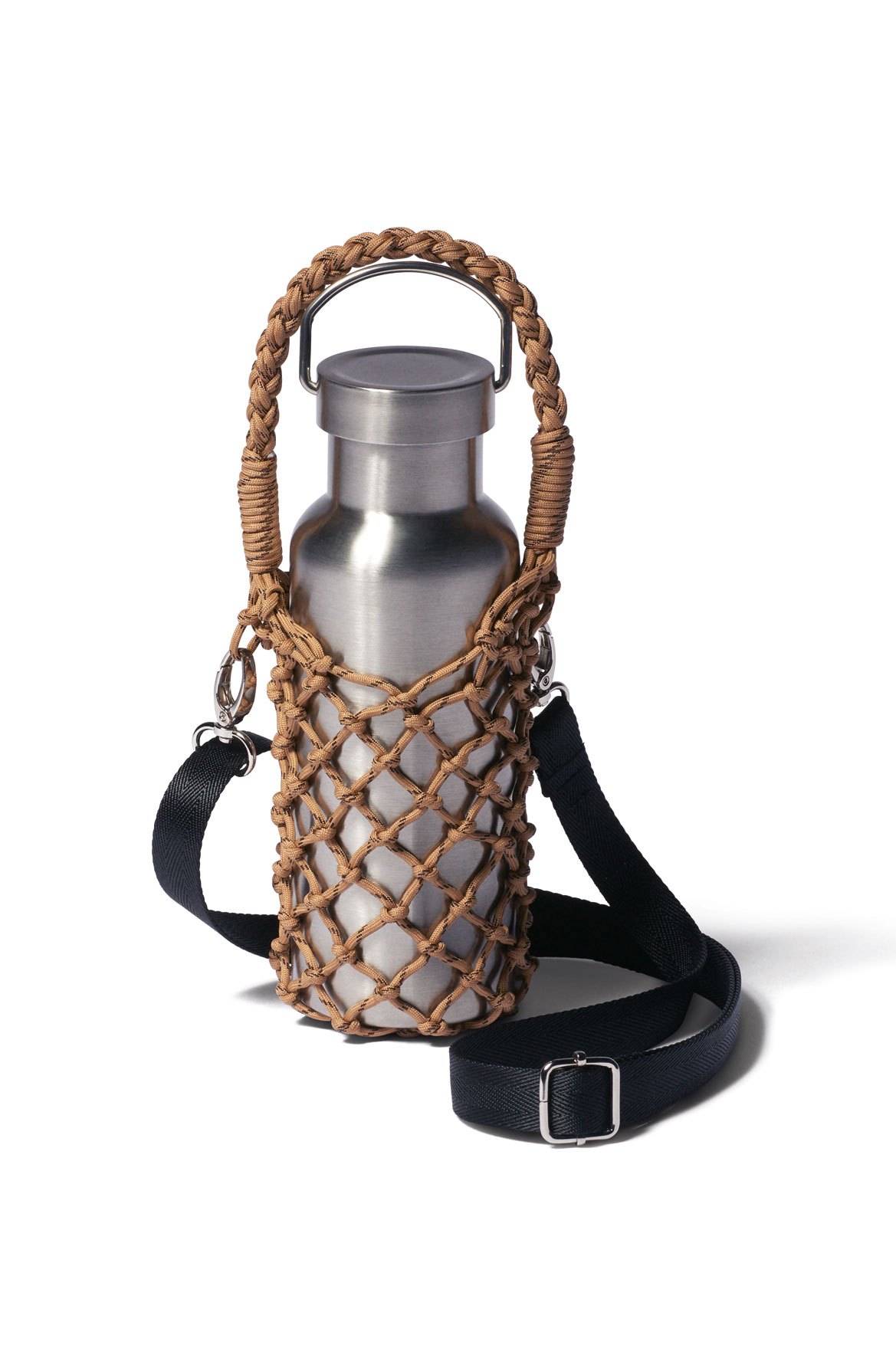 Stainless steel water bottle in woven rope carrier with black shoulder strap by United Arrows