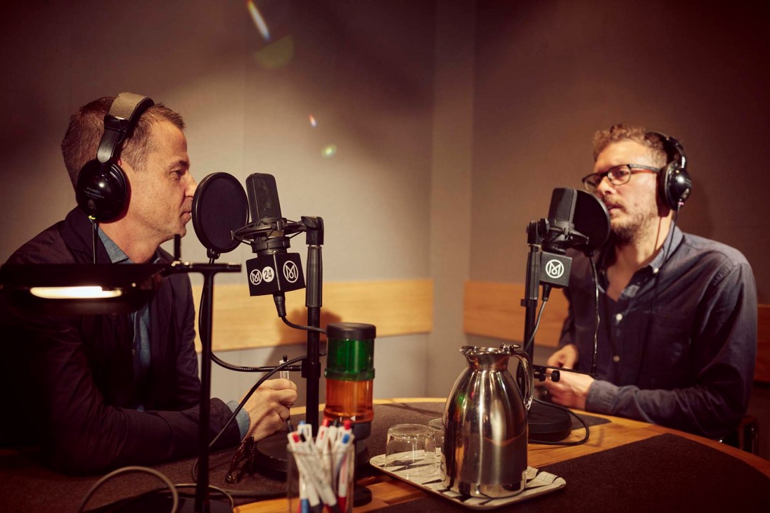 Andrew Tuck and Tom Edwards presenting on air in the radio studio