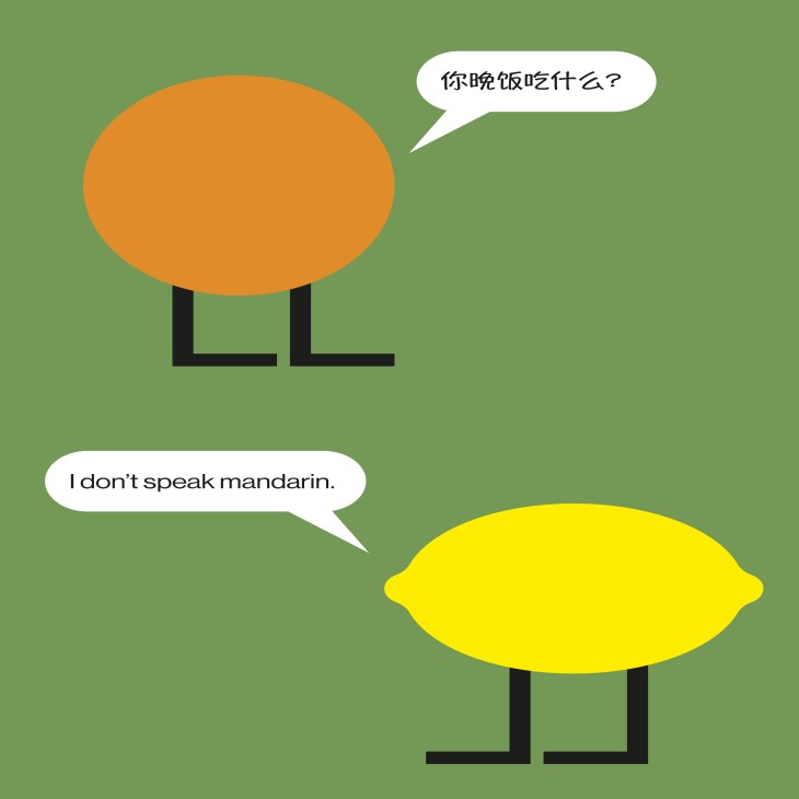 Simple illustration of two stick-figure characters with orange and yellow heads having a conversation about dinner, with one saying "I don't speak mandarin