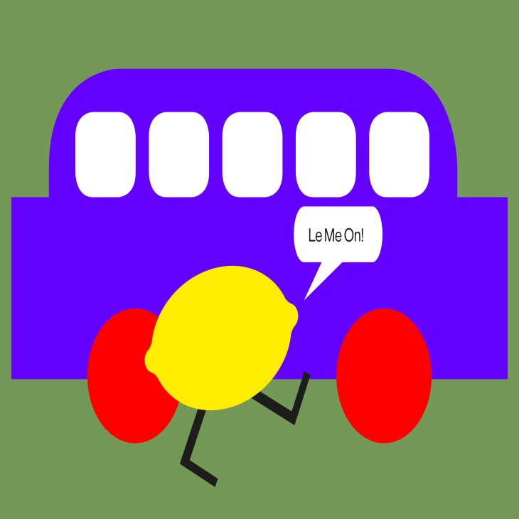 Illustration of a yellow lemon character with a smiling face saying "Le Me On!" standing in front of a purple bus with red wheels