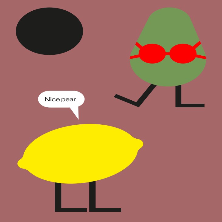 Cartoon character with green pear-shaped body wearing red glasses, with black stick legs, speaking to a yellow lemon character saying "Nice pear.