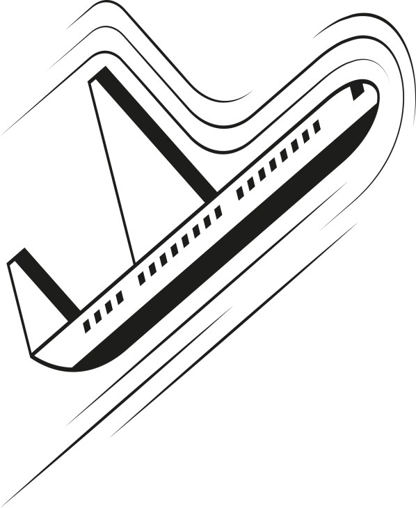 Minimalist line illustration of an aircraft in flight viewed from below at an angle.