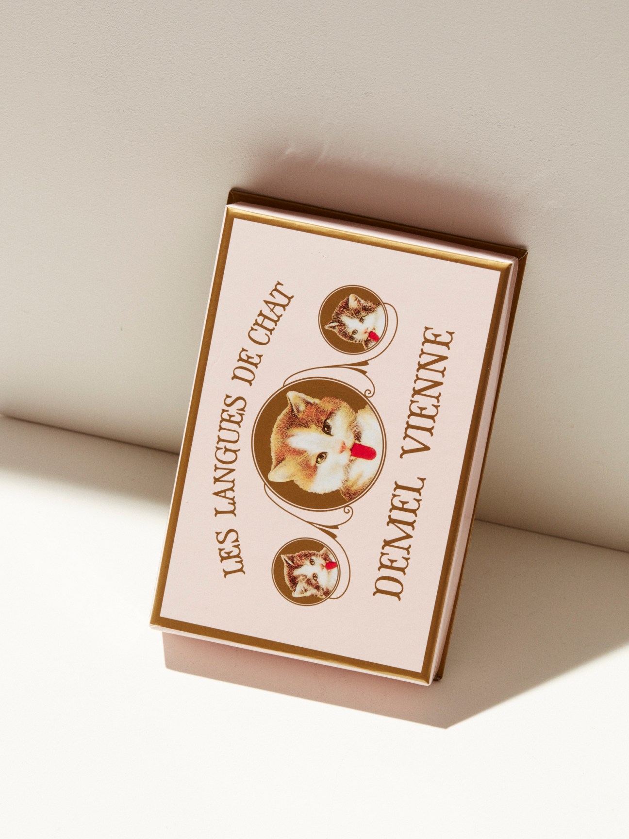 Demel chocolate box with French text and vintage cat illustrations on pink background