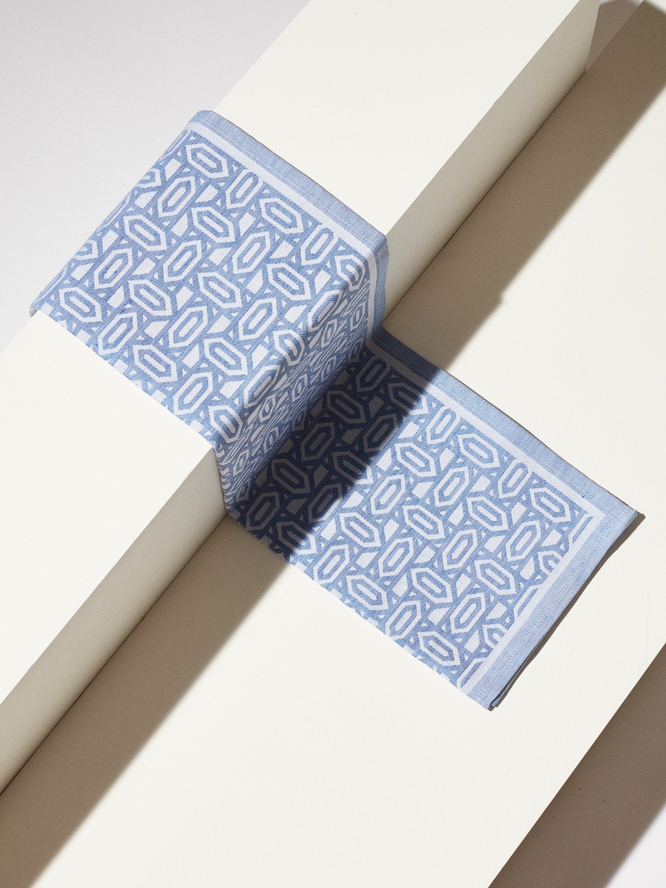 Blue and white patterned tea towels with geometric oval design folded and displayed with dramatic shadows