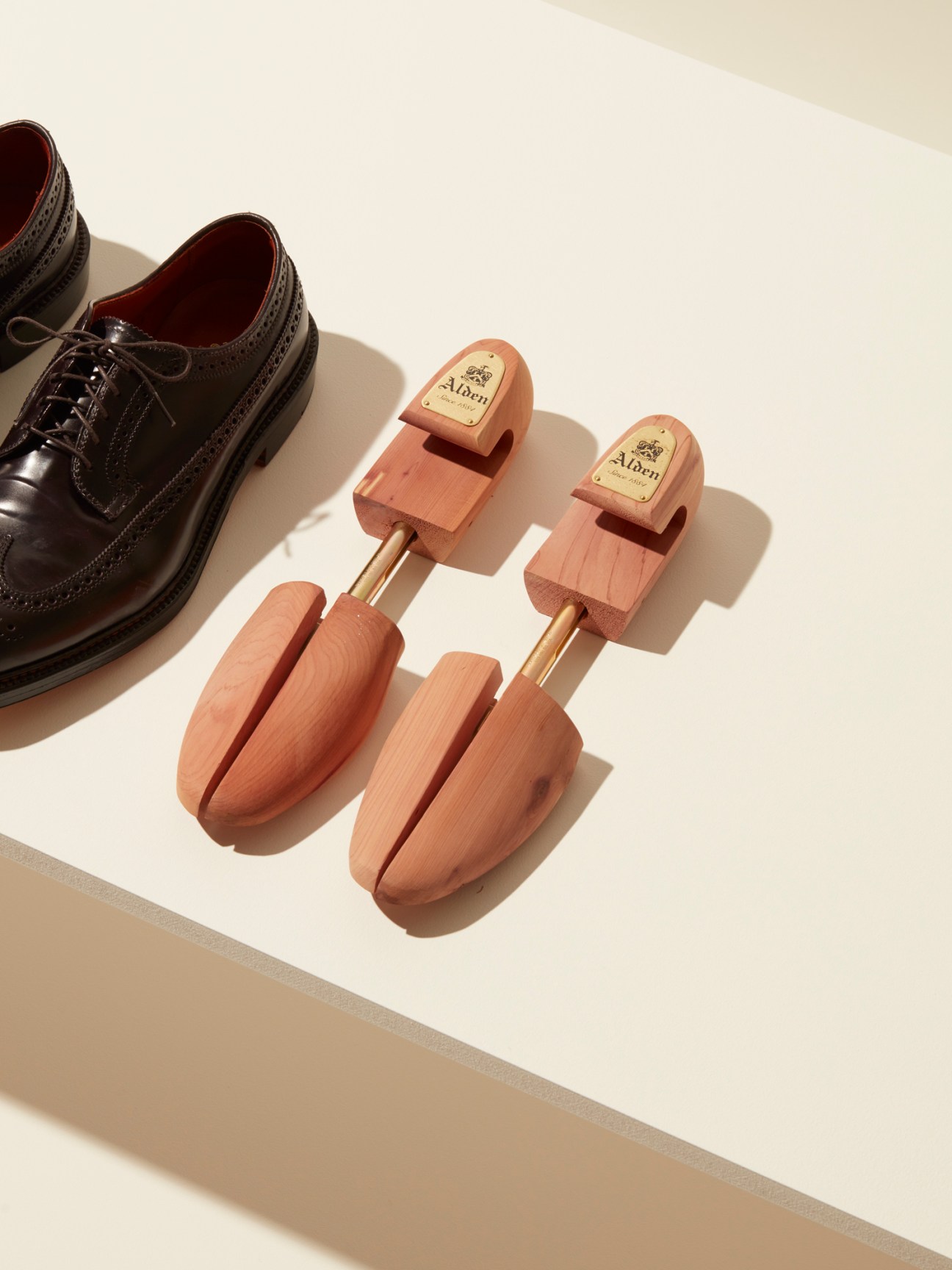 Two wooden Alden shoe trees next to black leather dress shoes on white surface
