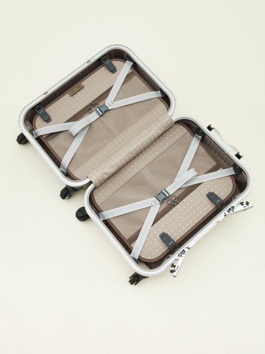 Open grey Proteca Equinox Light U carry-on suitcase showing interior compartments with white straps and beige mesh pockets.