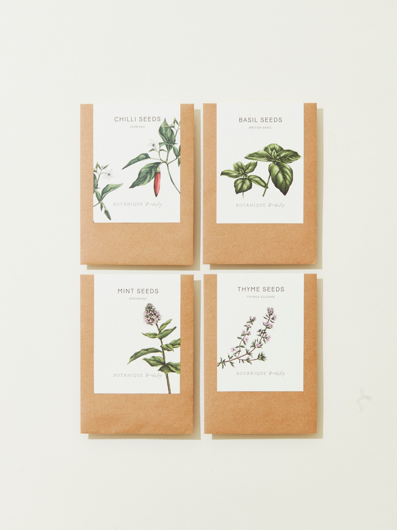 Four kraft paper seed packets with botanical illustrations showing chilli, basil, mint, and thyme varieties