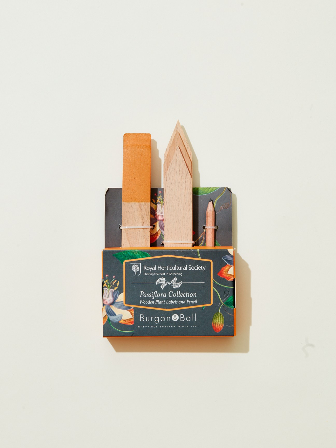 Wooden plant labels and pencil by Burgon and Ball in Royal Horticultural Society Passiflora Collection packaging