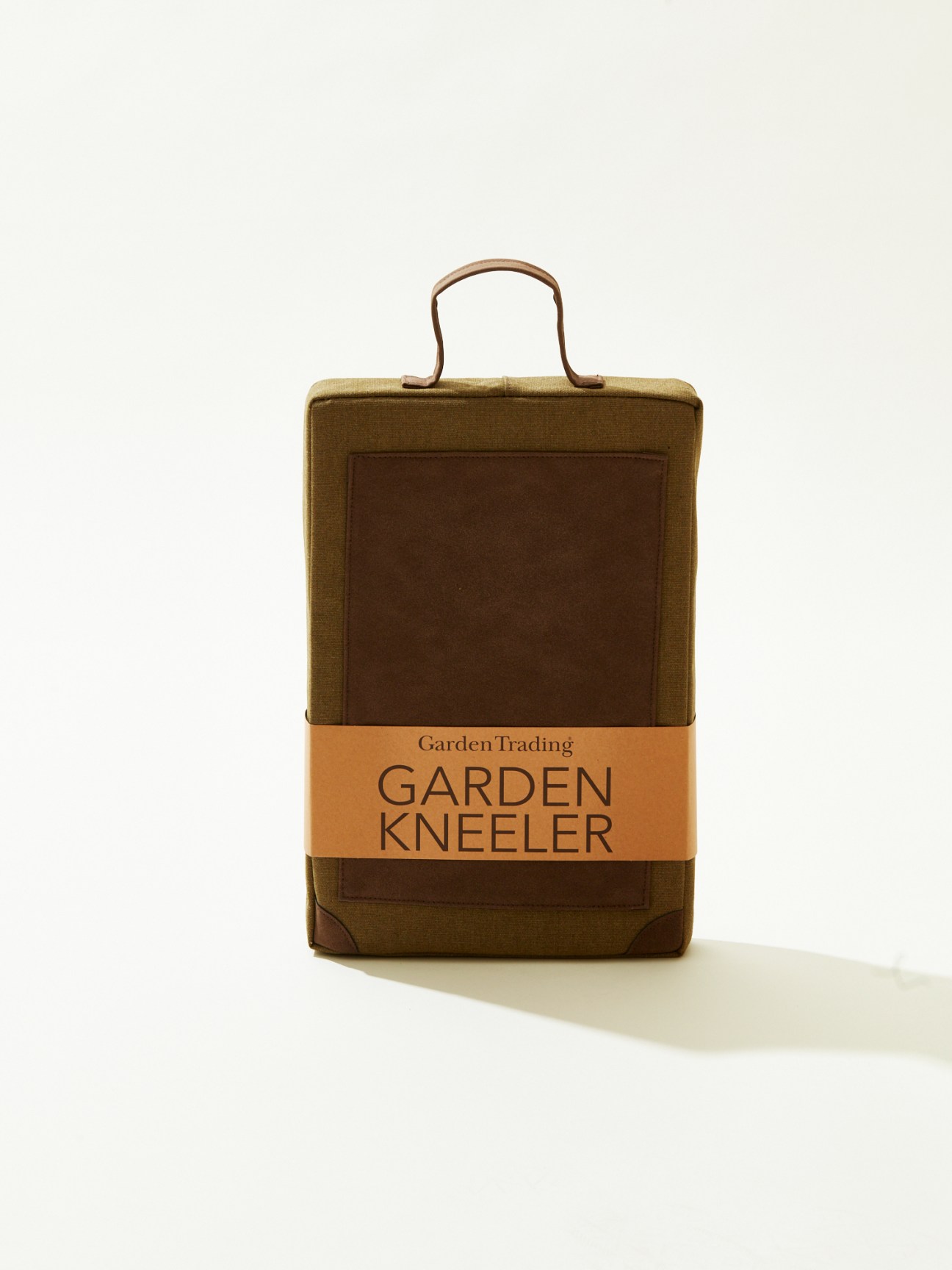Olive green canvas garden kneeler with leather handle and cushioned padding