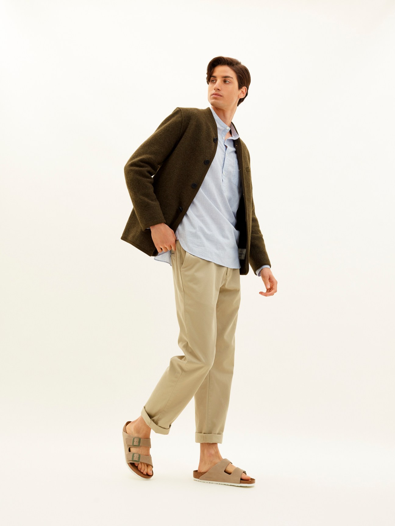 Monocle x Glücklich Alpine felt jacket in olive green virgin wool displaying traditional Alpine styling
