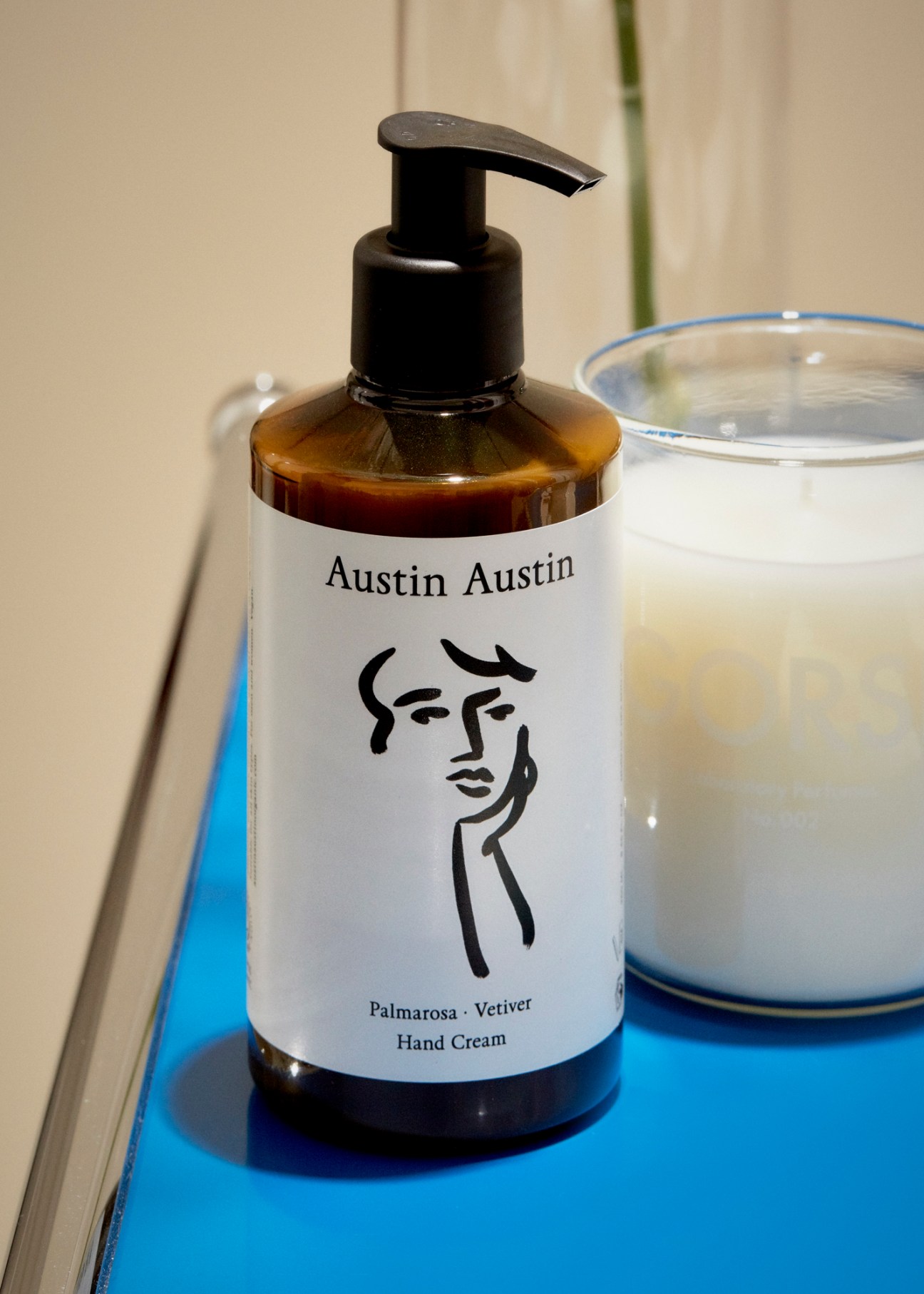 Austin Austin hand cream pump bottle with minimalist black and white label design
