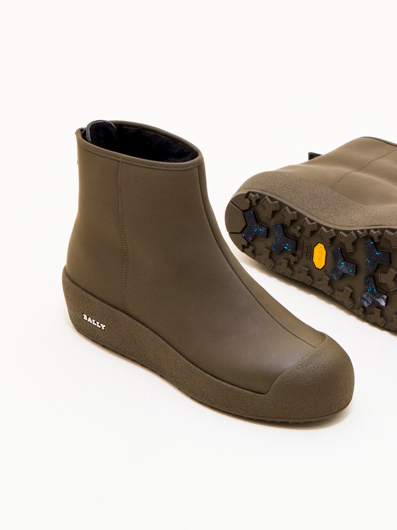 Olive green Bally x Monocle curling boots with water-resistant leather upper and Vibram sole