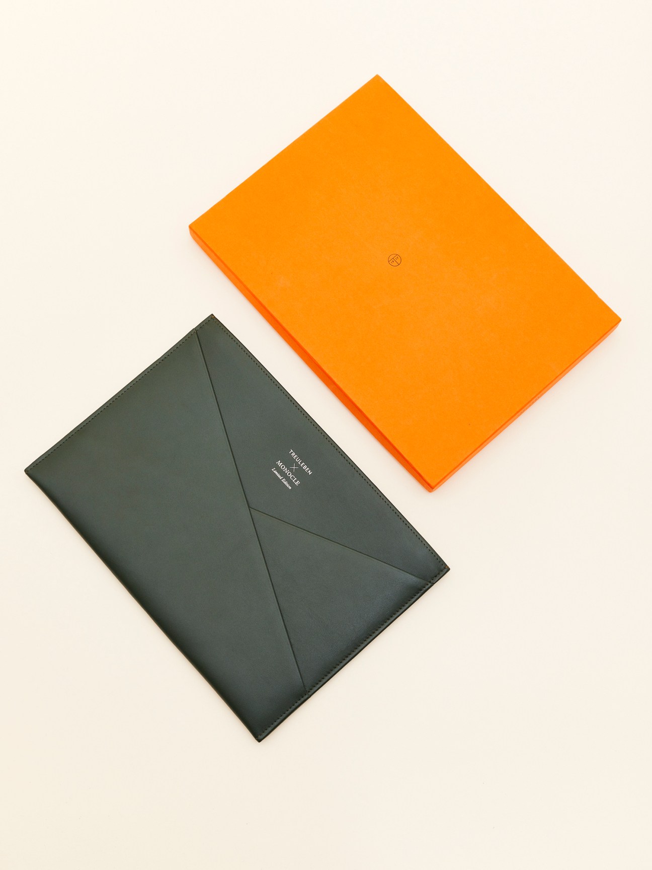 Treuleben leather portfolio and notebooks in olive and salmon colors displayed on neutral background