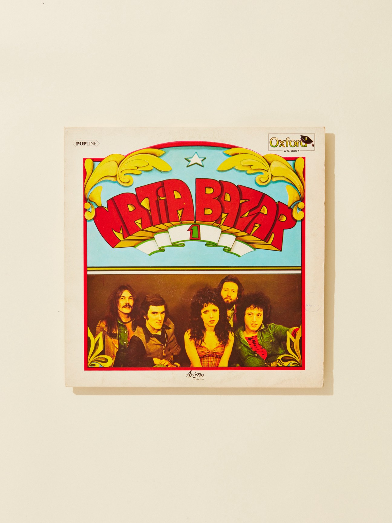 Matia Bazar's 1976 debut album cover featuring five band members and ornate red lettering on blue background.