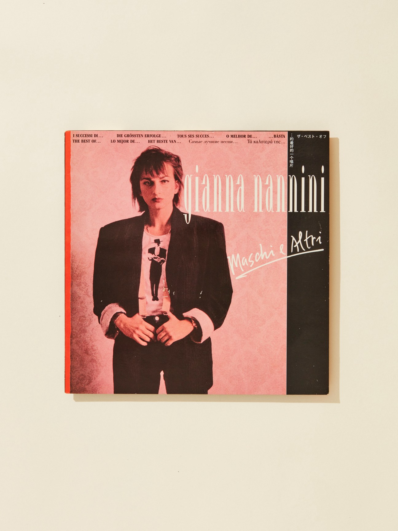 Gianna Nannini's 1987 album 'Maschi e Altri' featuring the Tuscan rock artist in a black suit on a pink background.