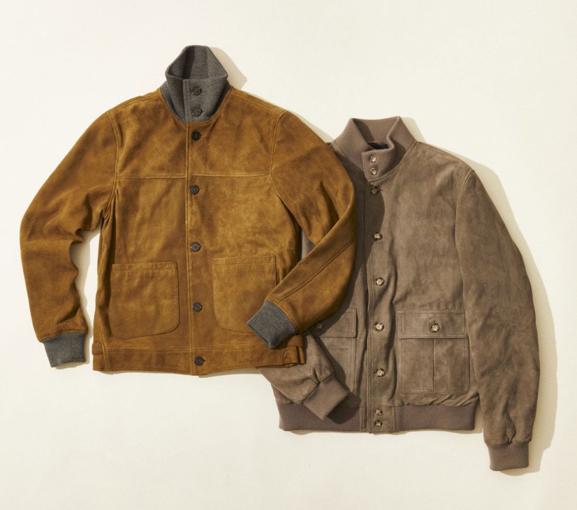 Two suede bomber jackets in tan and gray displayed against white background