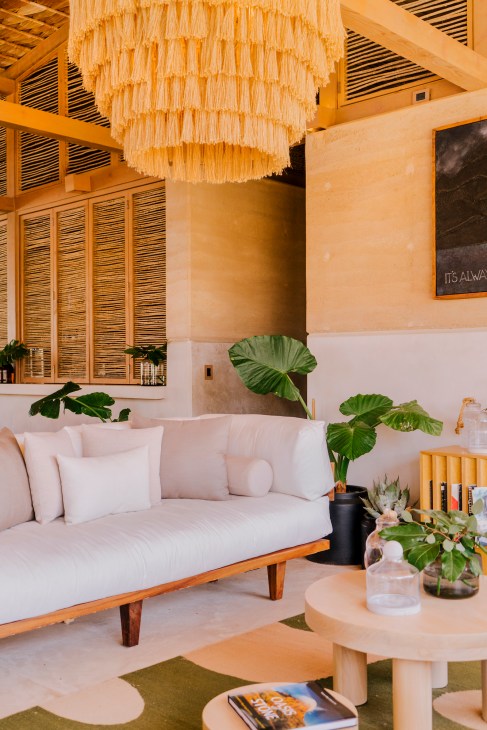 Modern hotel lounge with white sofa, woven ceiling fixture, wooden shutters, potted plants and round wood table.