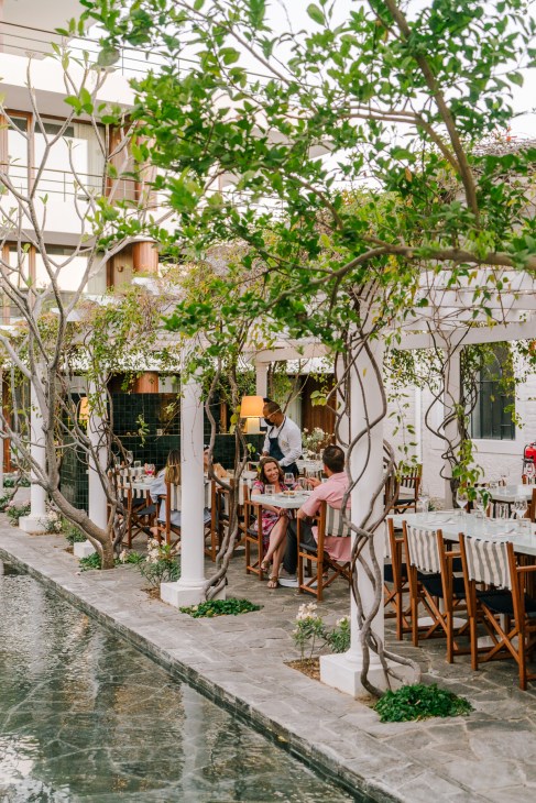 Diners seated at tables on a shaded terrace with climbing vines and white-washed architecture at Baja Club hotel.