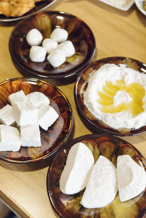 Assorted Lebanese cheese and yoghurt products by Maria and Elie Abou Marouf served on brown ceramic dishes