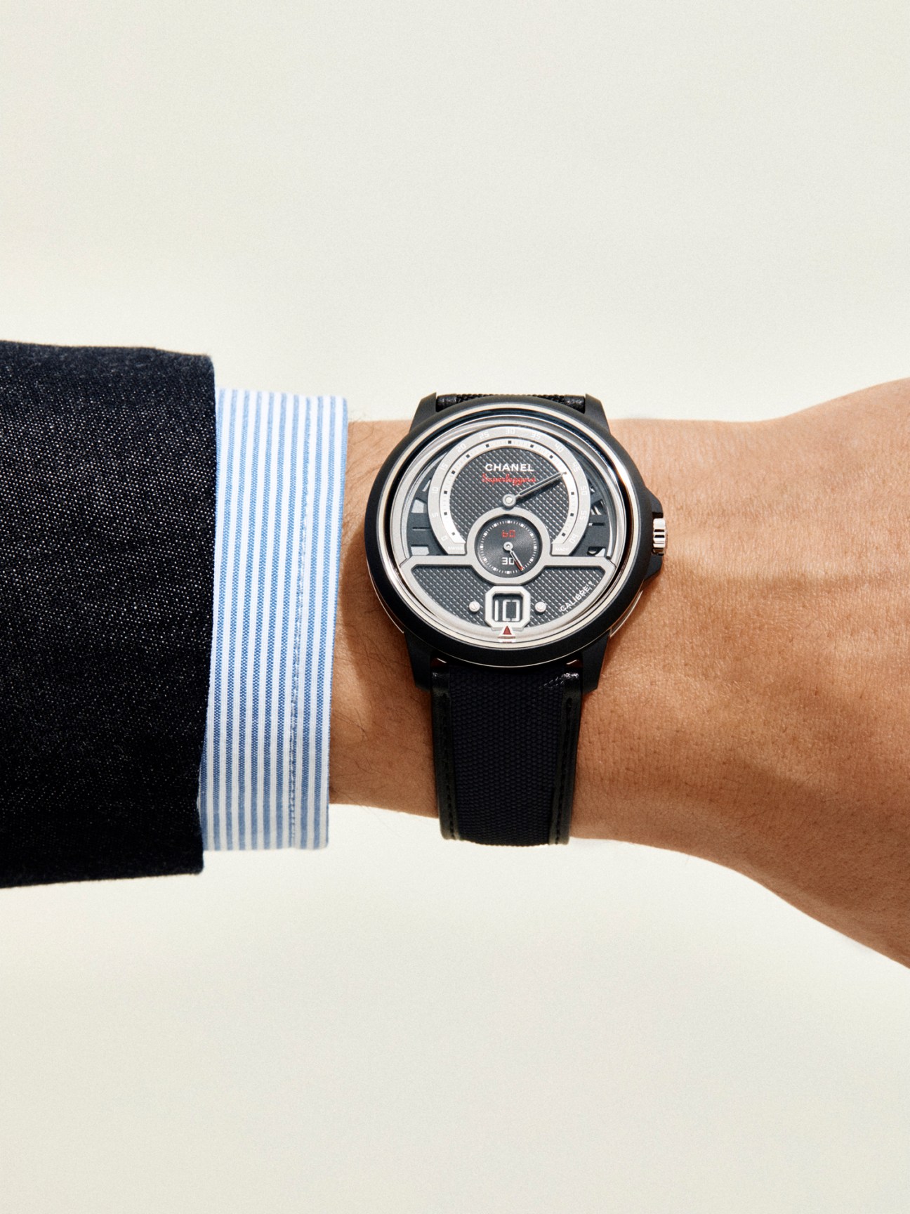 Monsieur Superleggera Edition watch by Chanel Haute Horlogerie worn on wrist with black leather strap