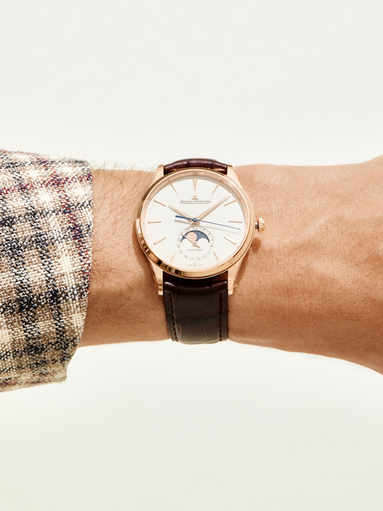 Master Ultra Thin Moon watch by Jaeger-LeCoultre with moon phase complication worn on wrist