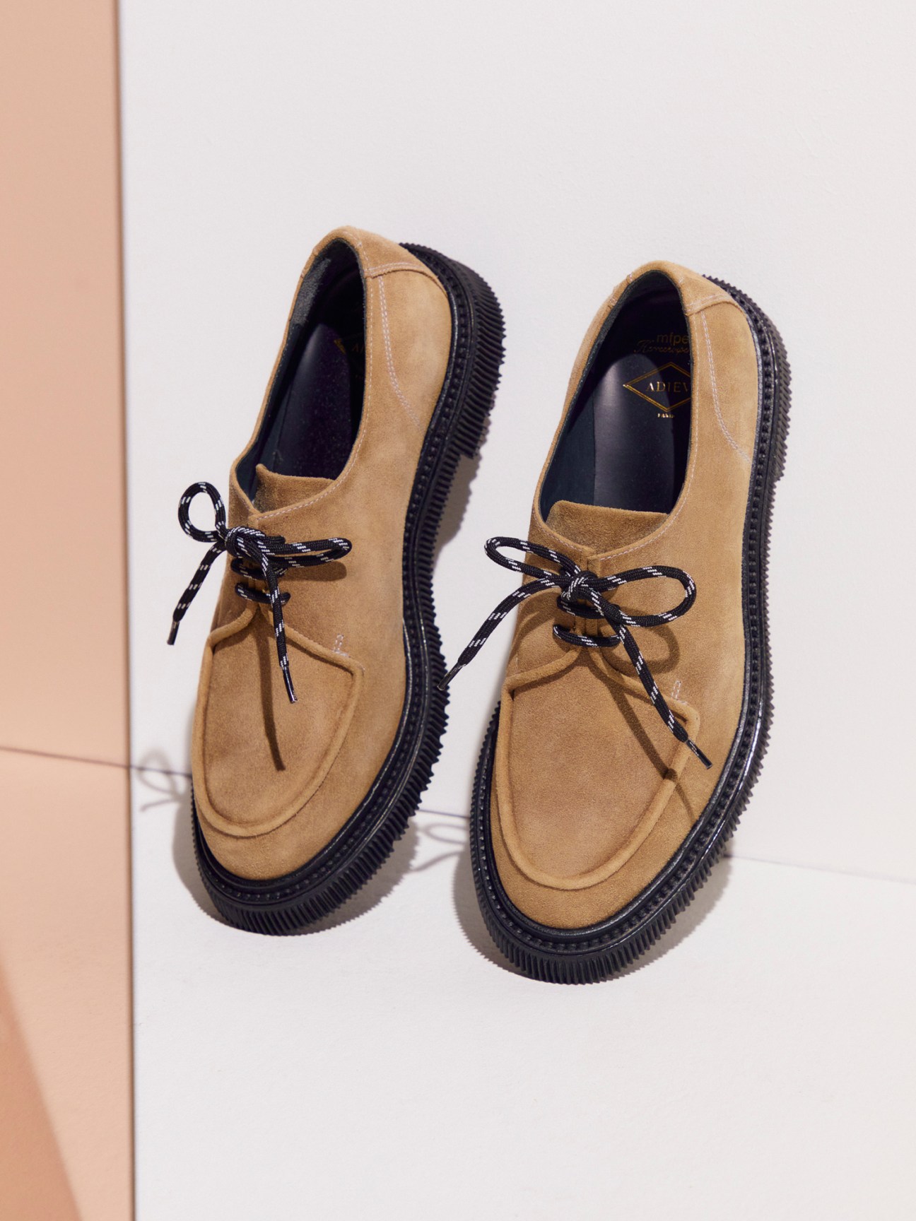 Close-up of Adieu x Mfpen Type 179 derby shoes showing contrast stitching details