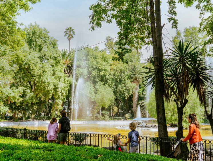 People watching fountains in a lush park with palm trees and tropical vegetation in sunny weather