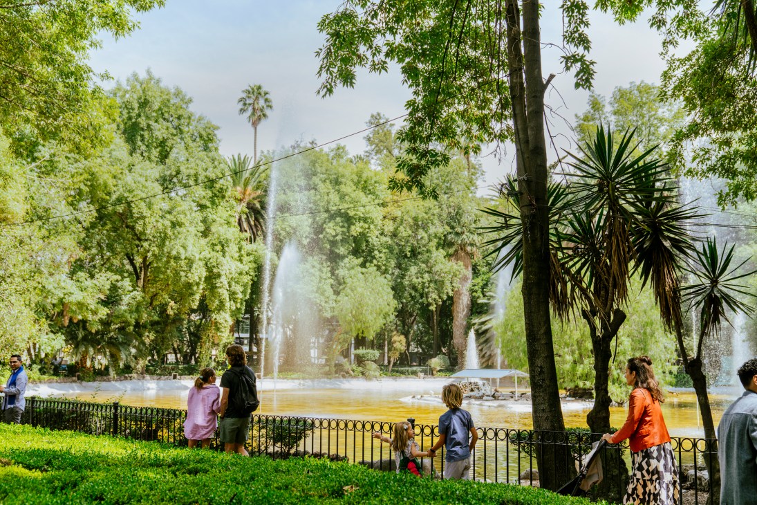 People watching fountains in a lush park with palm trees and tropical vegetation in sunny weather