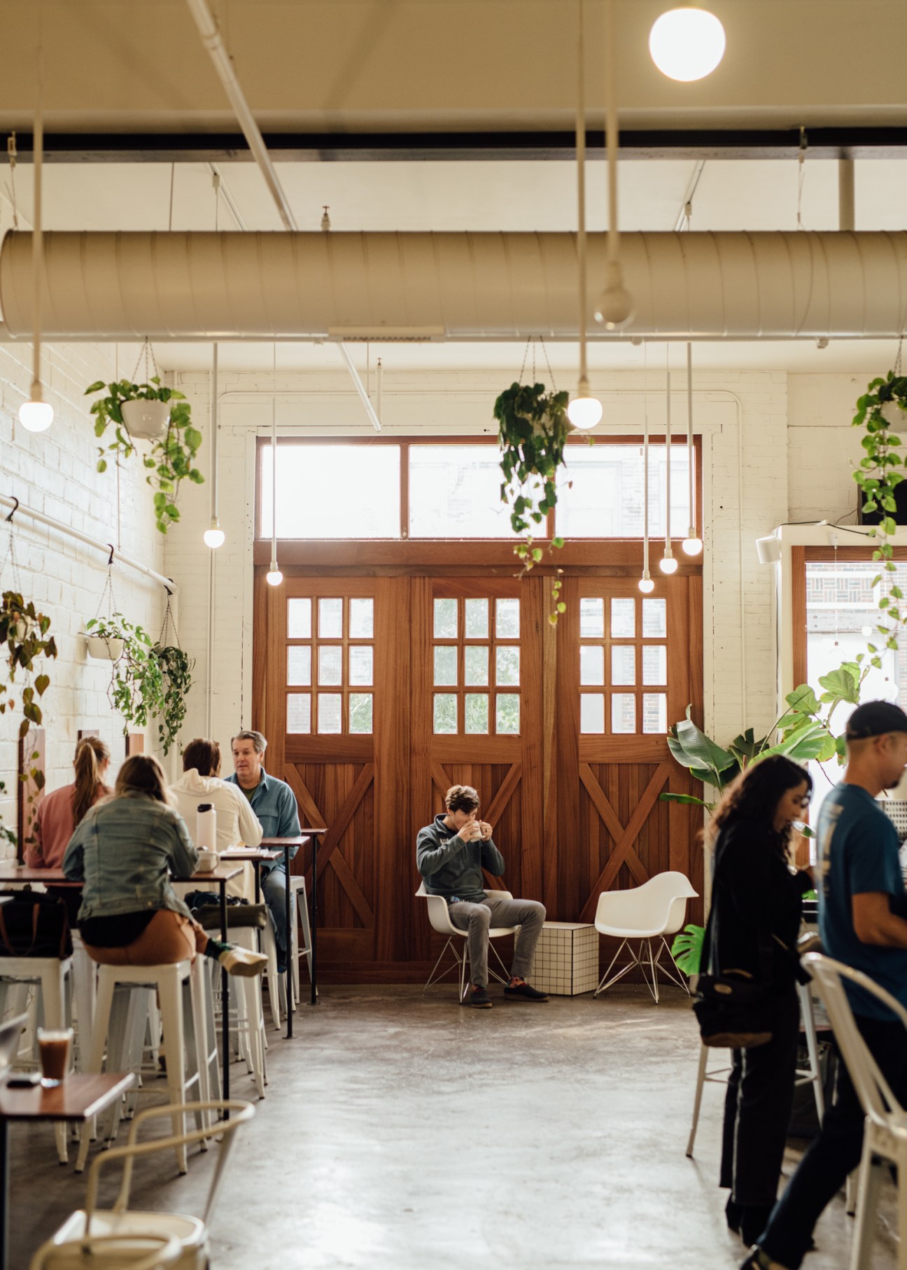 Interior of Horizon Line Coffee café with customers, hanging plants, and wooden doors.