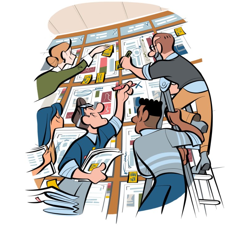 Illustration of editorial team working at bulletin board covered with papers, photos and notes