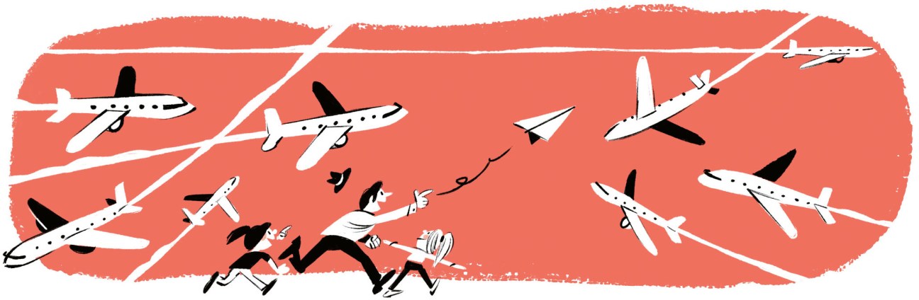 Illustration of people running through an airport with airplanes flying overhead in red sky