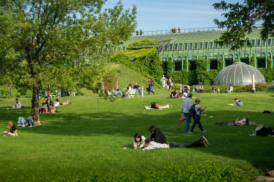 People relaxing on grass in a Warsaw park with modern glass buildings and greenhouse dome in background