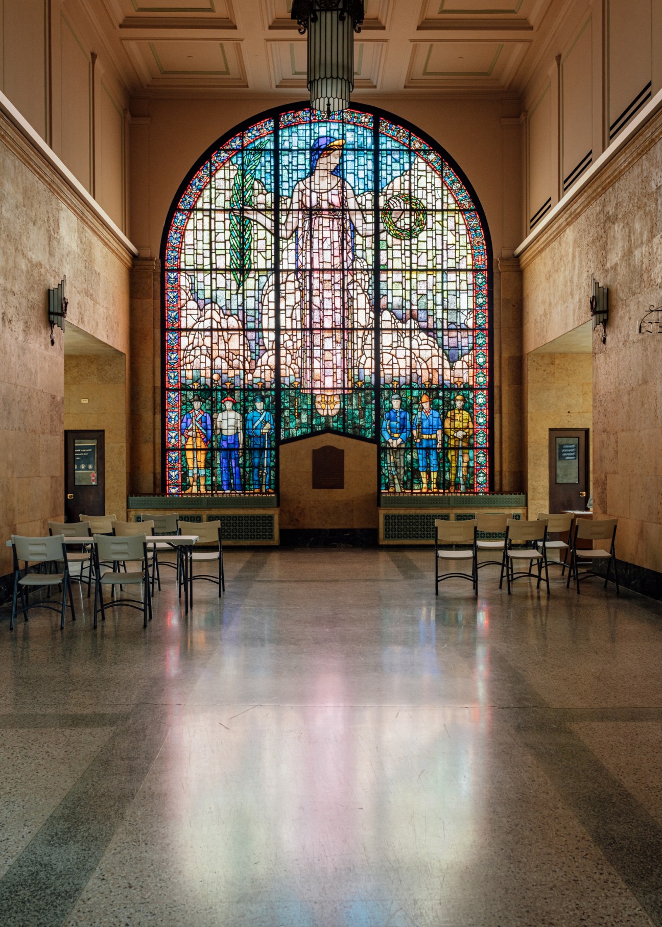 Grant Wood's Memorial Window stained-glass artwork in Cedar Rapids Veterans Memorial Building.