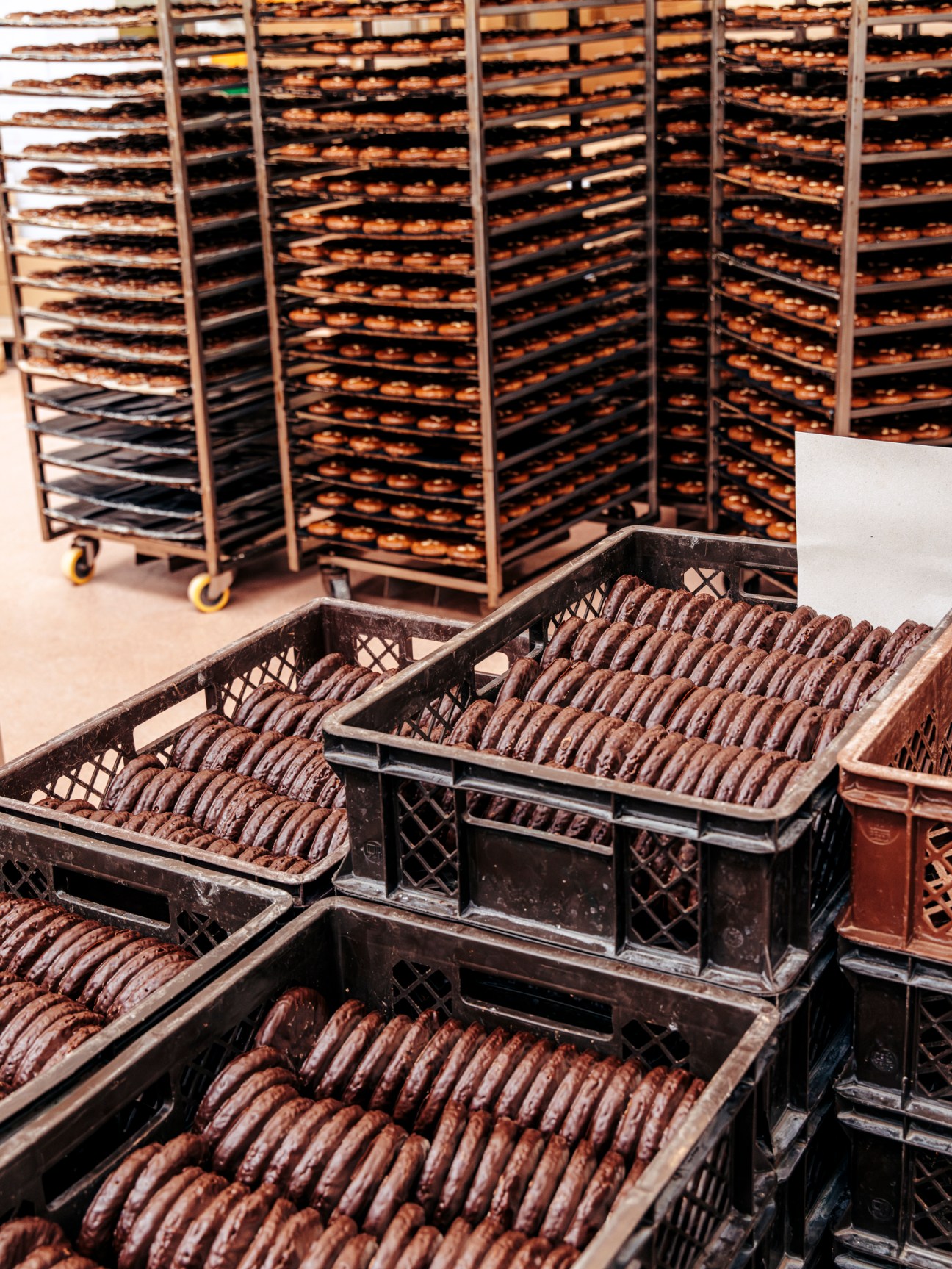 Cooling racks filled with freshly baked Lebkuchen gingerbread cakes at Lebküchnerei Woitinek in Nuremberg.