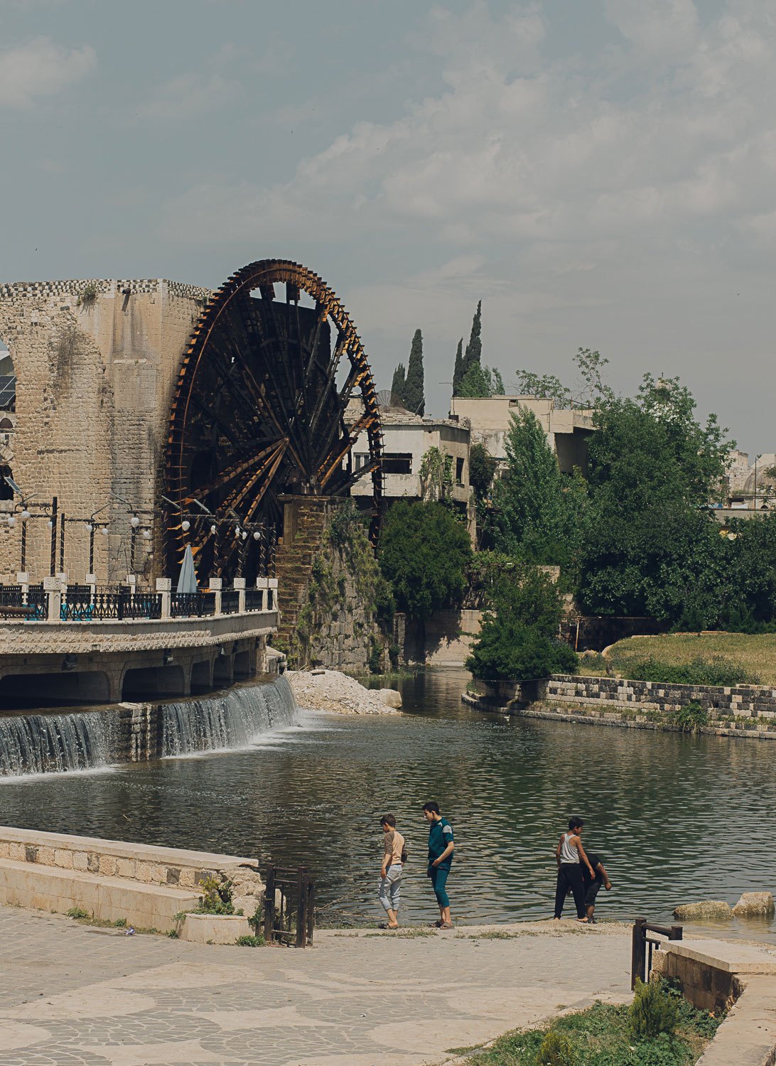 Historic wooden water wheels (norias) on the Orontes River in Hama used for irrigation