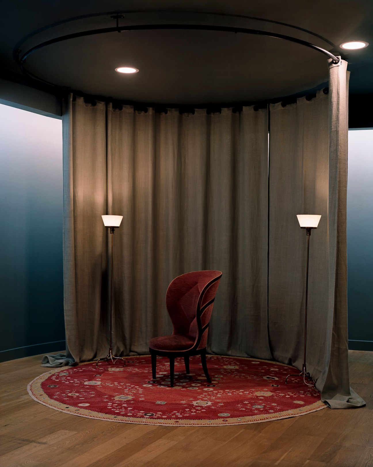 Uno Åhrén sculptural rosewood and velvet armchair displayed at Modernity gallery