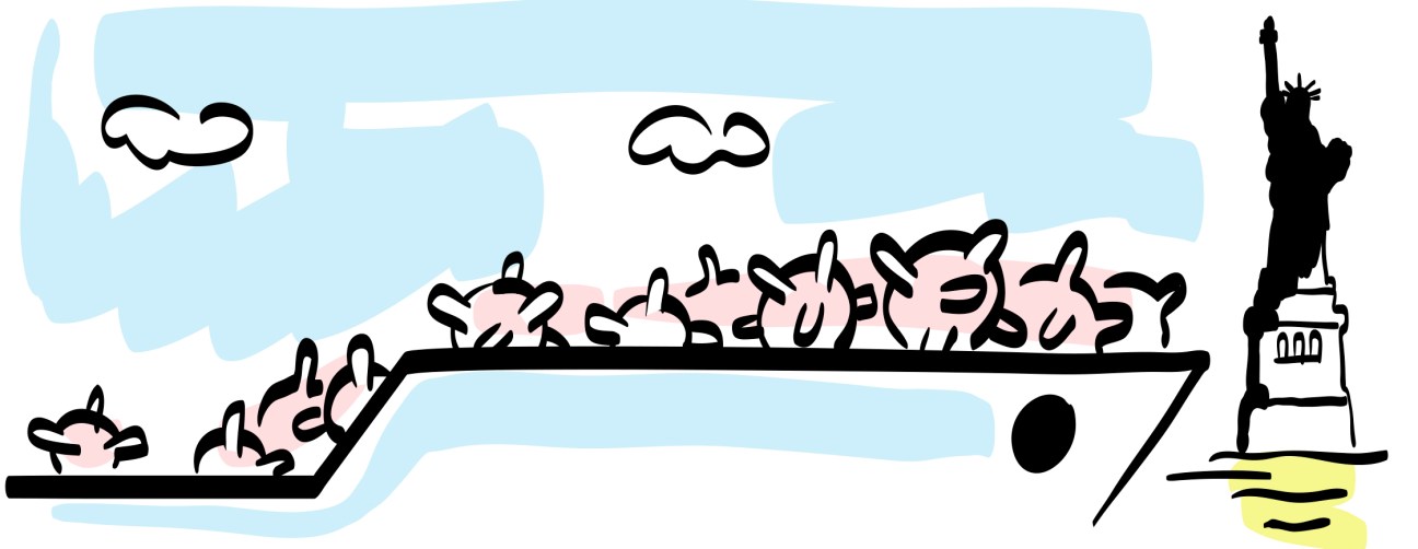 Illustration of a boat with virus particles approaching the Statue of Liberty, representing COVID-19's global spread.