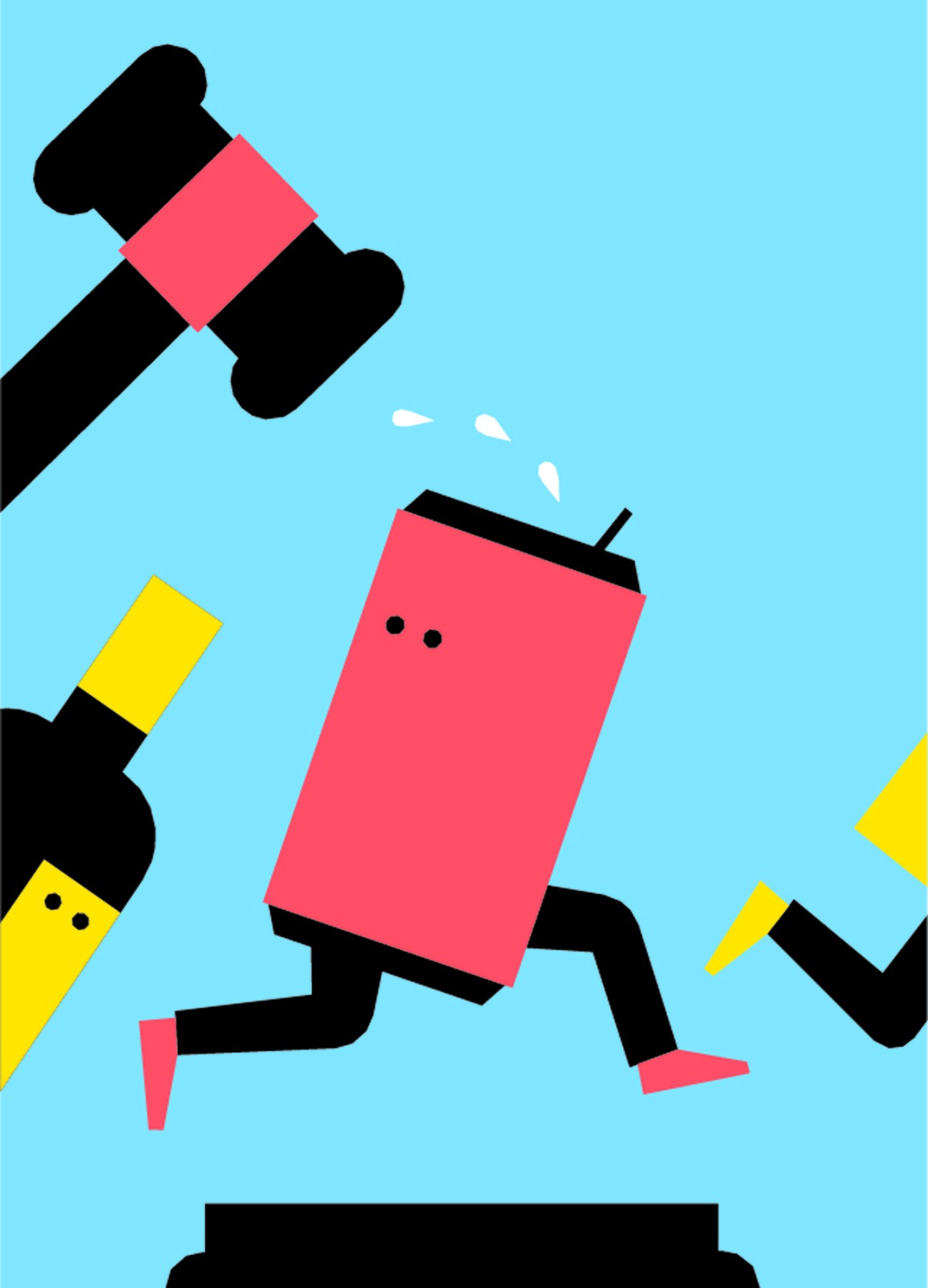 Stylized illustration of colorful geometric figures running with gavel-shaped head and rectangular body