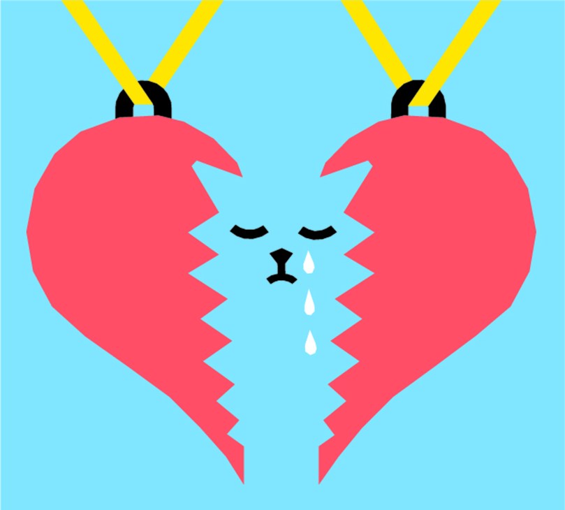 Illustration of a broken heart with a sad face and tears, suspended by chains