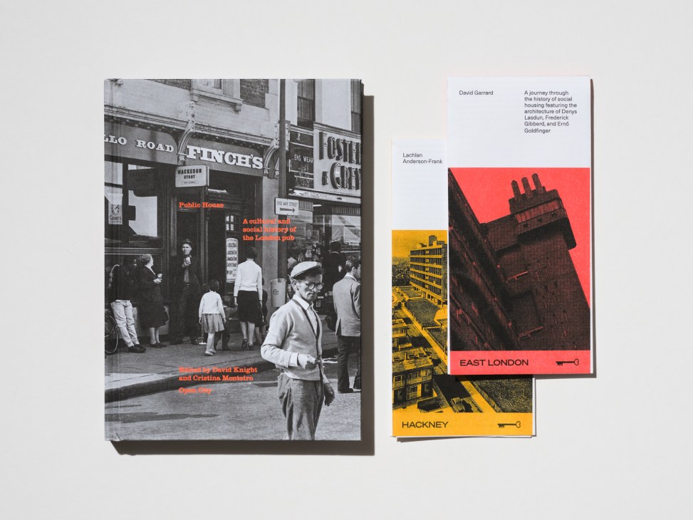 Books about London pubs and architecture displayed including Public House and guides to East London and Hackney
