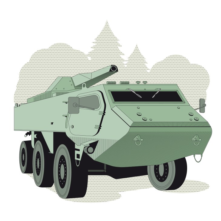Green military armored personnel carrier with six wheels positioned against mountain backdrop