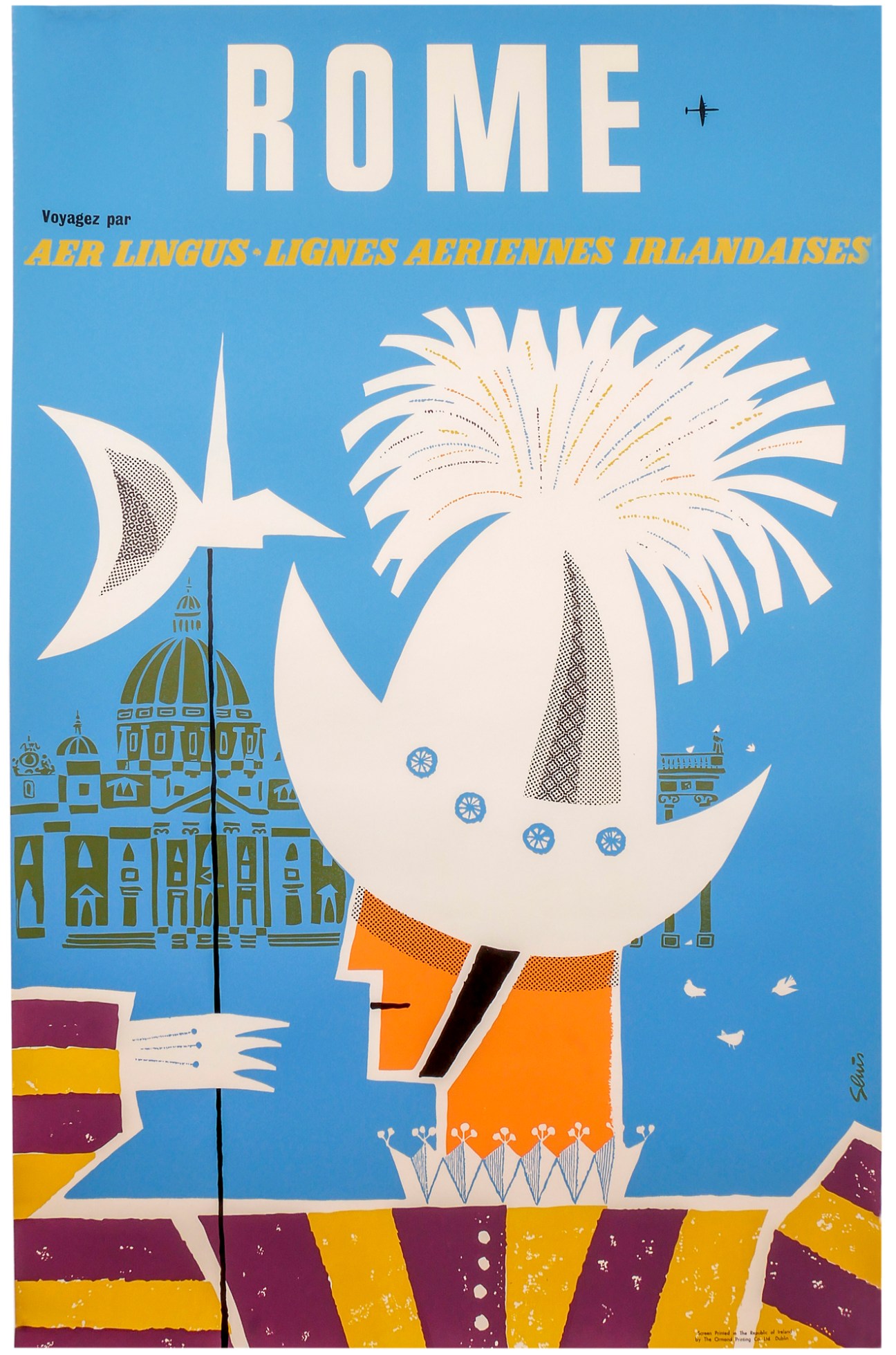 1950 Piet Sluis travel poster for Aer Lingus featuring stylized figure with dove and Roman architecture