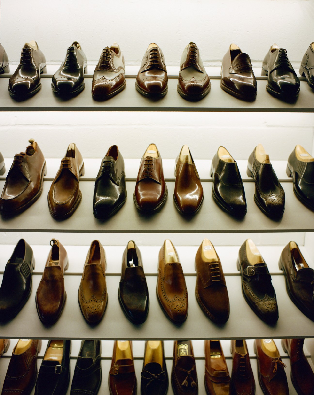 Rows of leather dress shoes displayed on white shelves showing various styles in brown and black