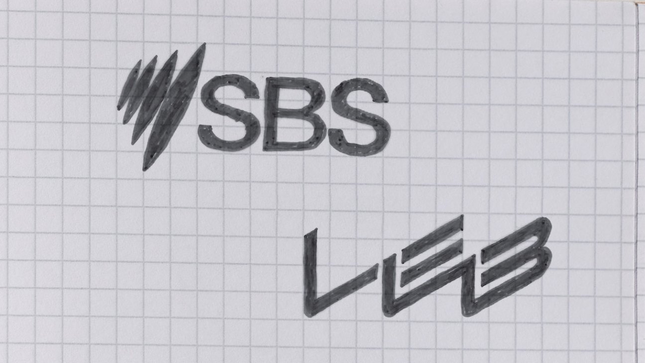SBS logo sketches showing the mark with diagonal lines and text on grid paper