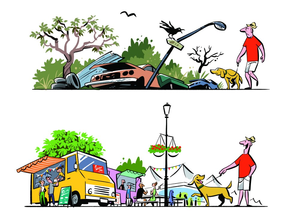 A colorful illustrated scene showing temporary urban spaces with food trucks, market stalls and community activities