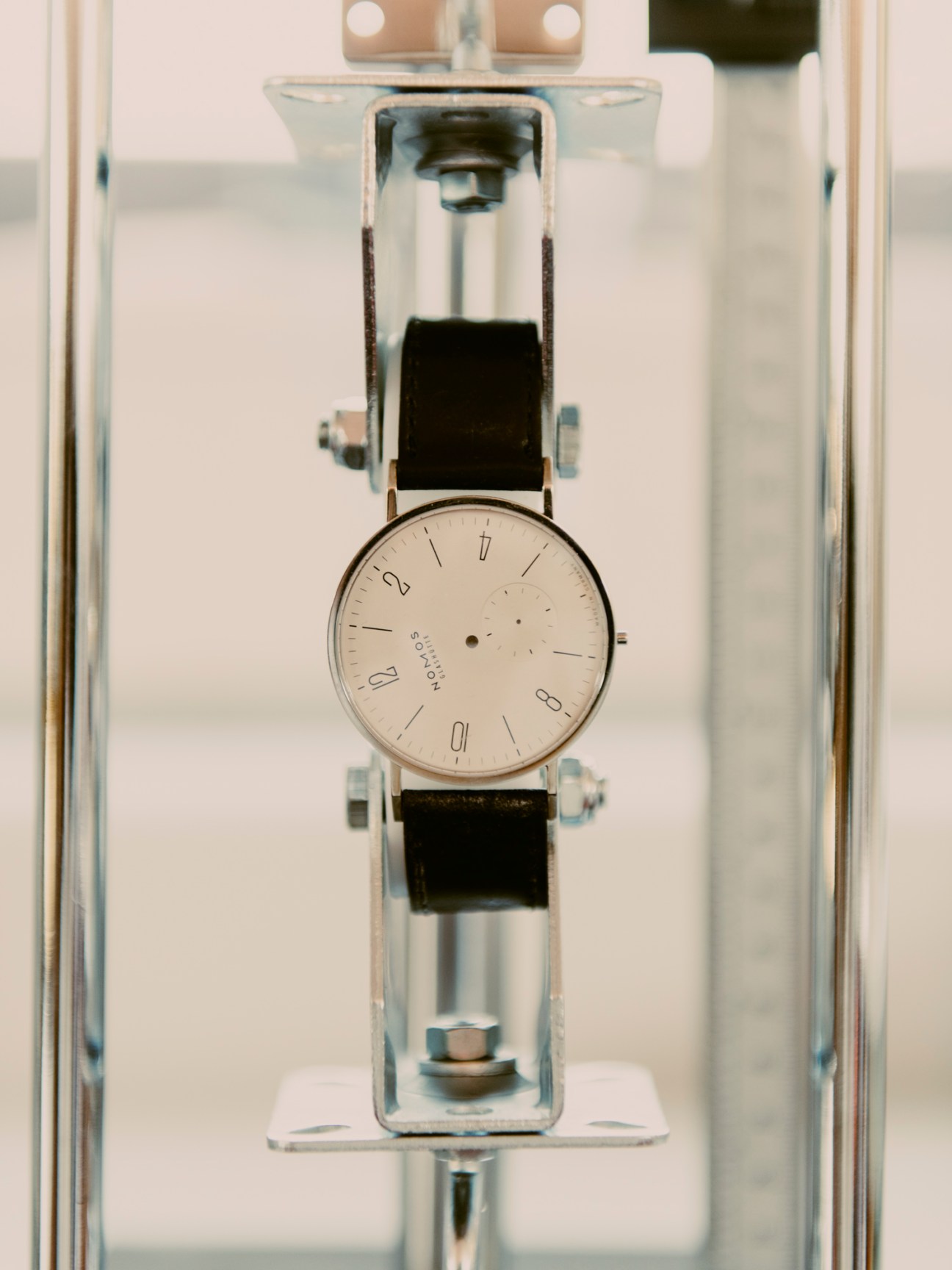 Close-up detail of Nomos watch movement showing precision craftsmanship
