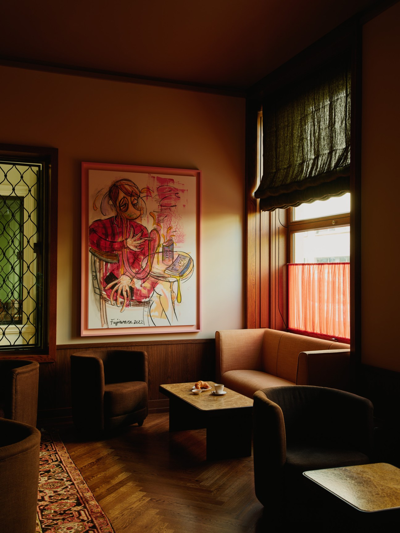 Reception area with an artwork by Simon Fujiwara