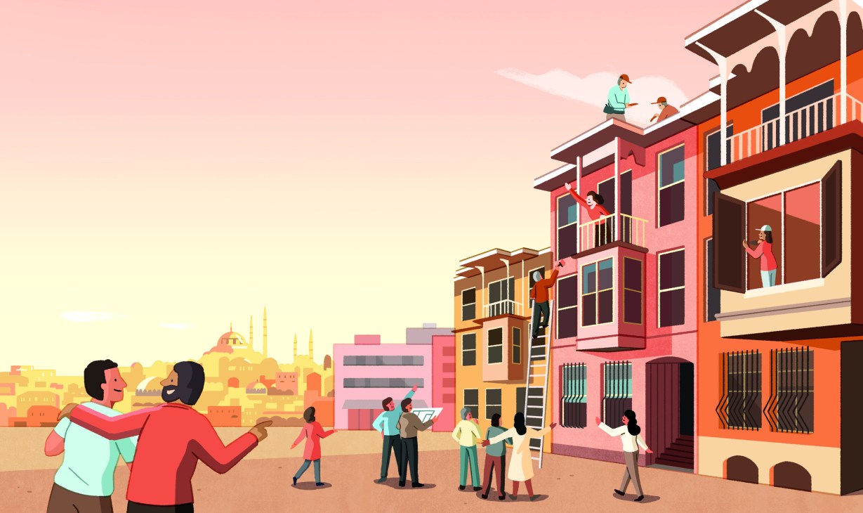 Colorful illustrated townscape showing multi-story residential buildings with people on balconies and streets in Istanbul.