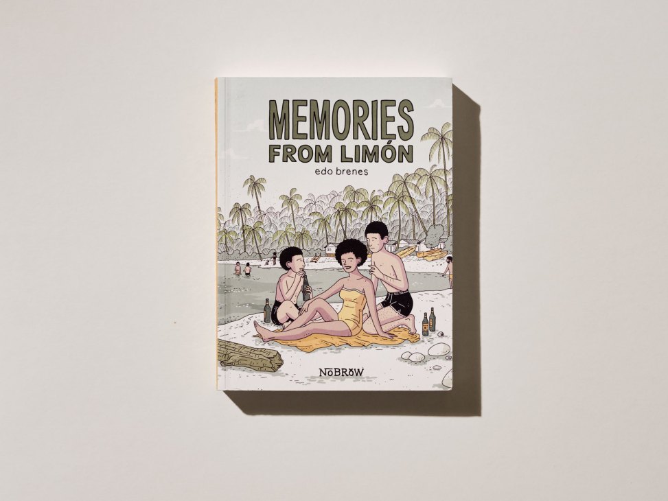 Book cover for Memories from Limón by Edo Brenes showing illustrated tropical beach scene with three people