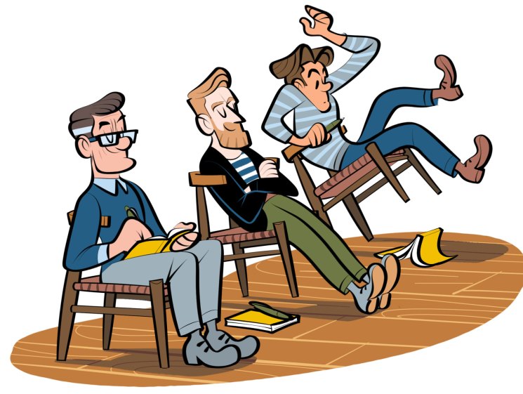 Illustration of three men sitting in different chair styles showing movement and interaction